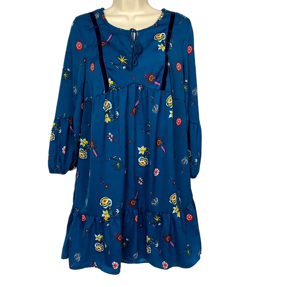 Old Navy Babydoll Dress Small Womens Blue Satin Velvet Floral Boho Cottagecore